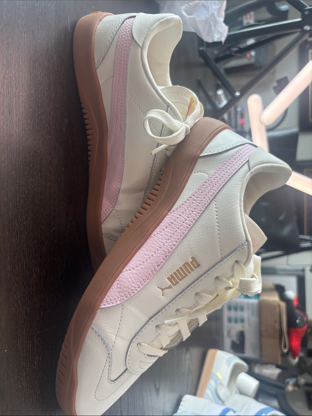 Puma Women's White Sneakers with Pink Stripe and Brown Sole